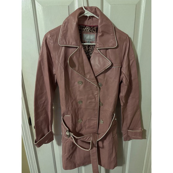 Wilsons Leather Jackets & Blazers - Wilsons Leather Maxima Womens Pink Leather Trench Coat Belted Leopard Lining S